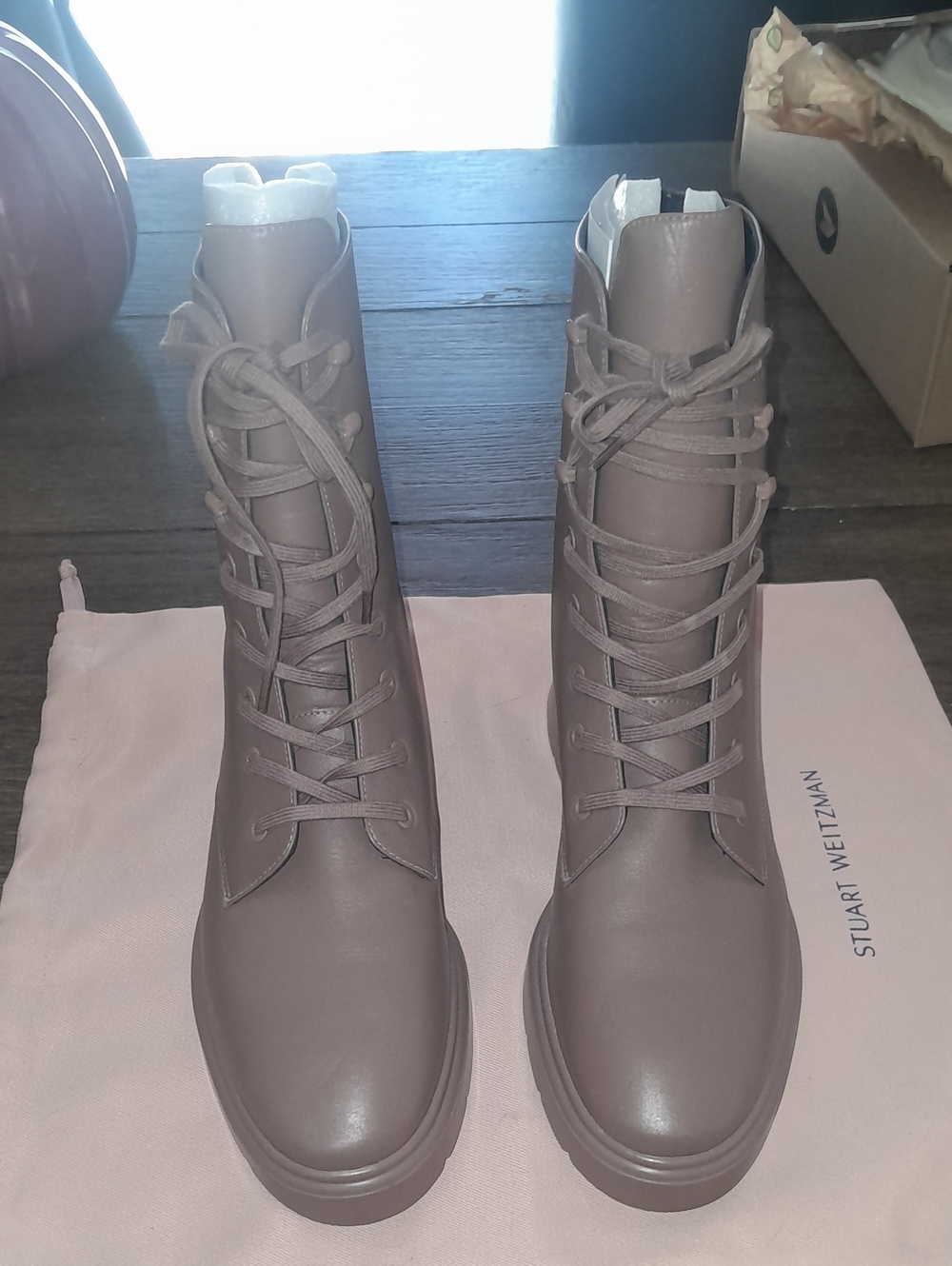 Stuart Weitzman Lace-Up Taupe Combat Booties